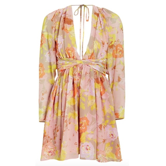 RONNY KOBO Floral Chiffon Puff Long Sleeve Pleated V-Neck Open Back Tie Dress XS - Picture 8 of 8